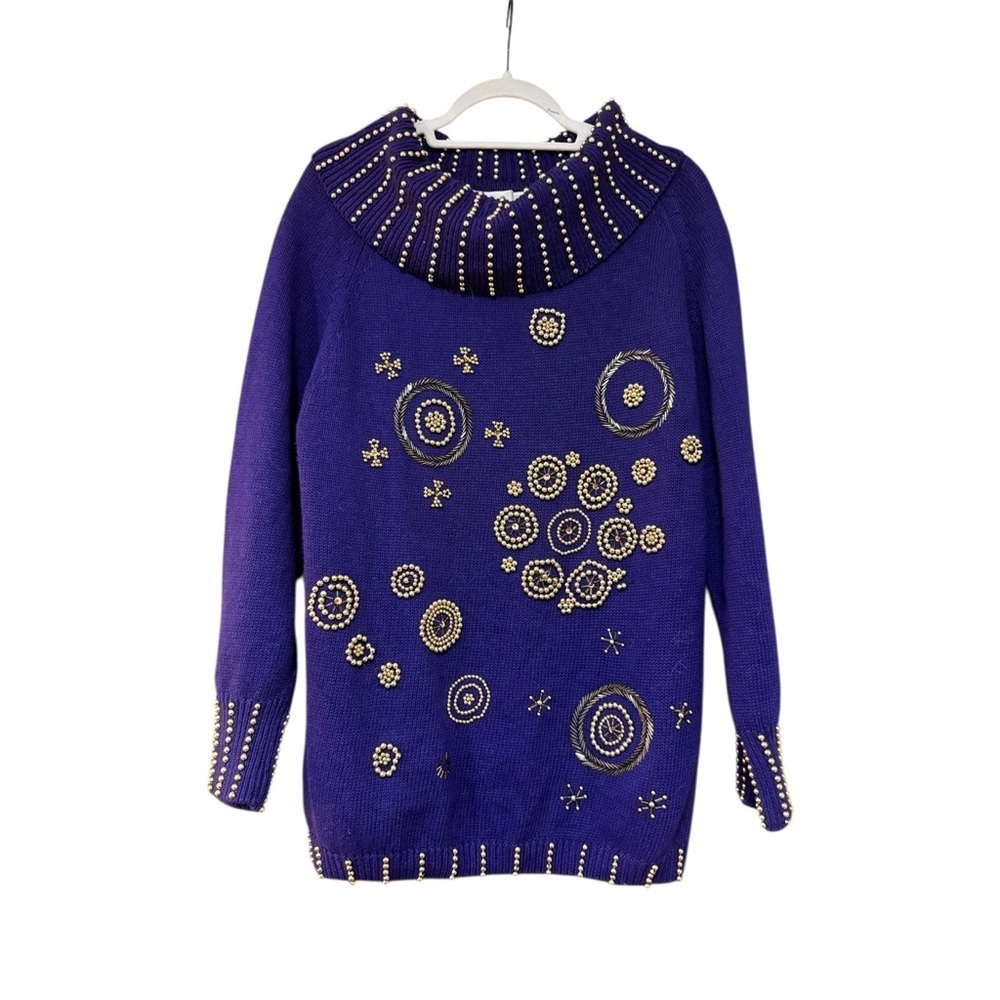 Vintage Purple Studded Knit Sweater Beaded Collar Size M - Picture 3 of 12